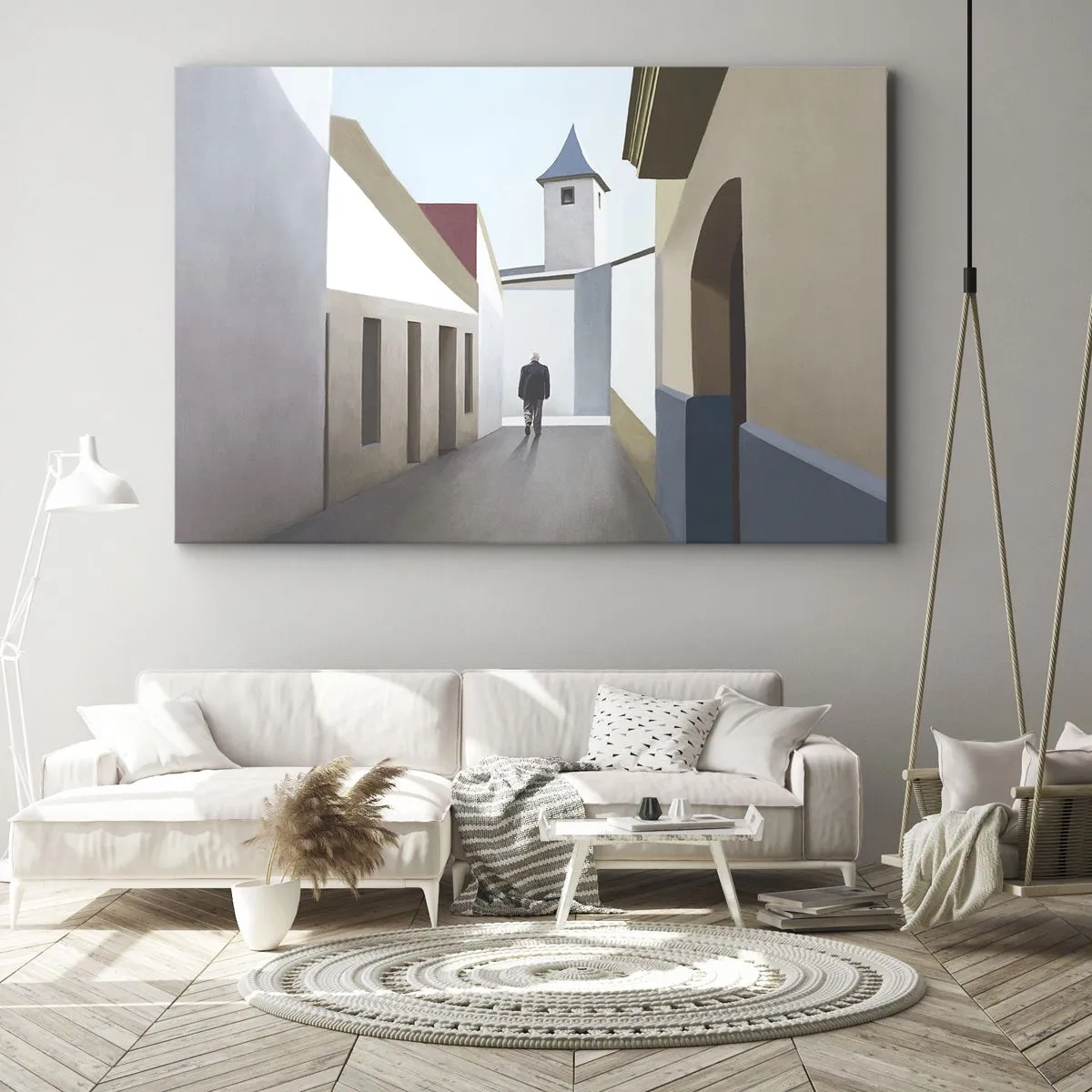 Obraz na plátně - Minimalistická ulice se siluetou muže v pozadí - 70x50cm - Slunečná procházka - Moderní nástěnná dekorace do obývacího pokoje a ložnice ARTTOR