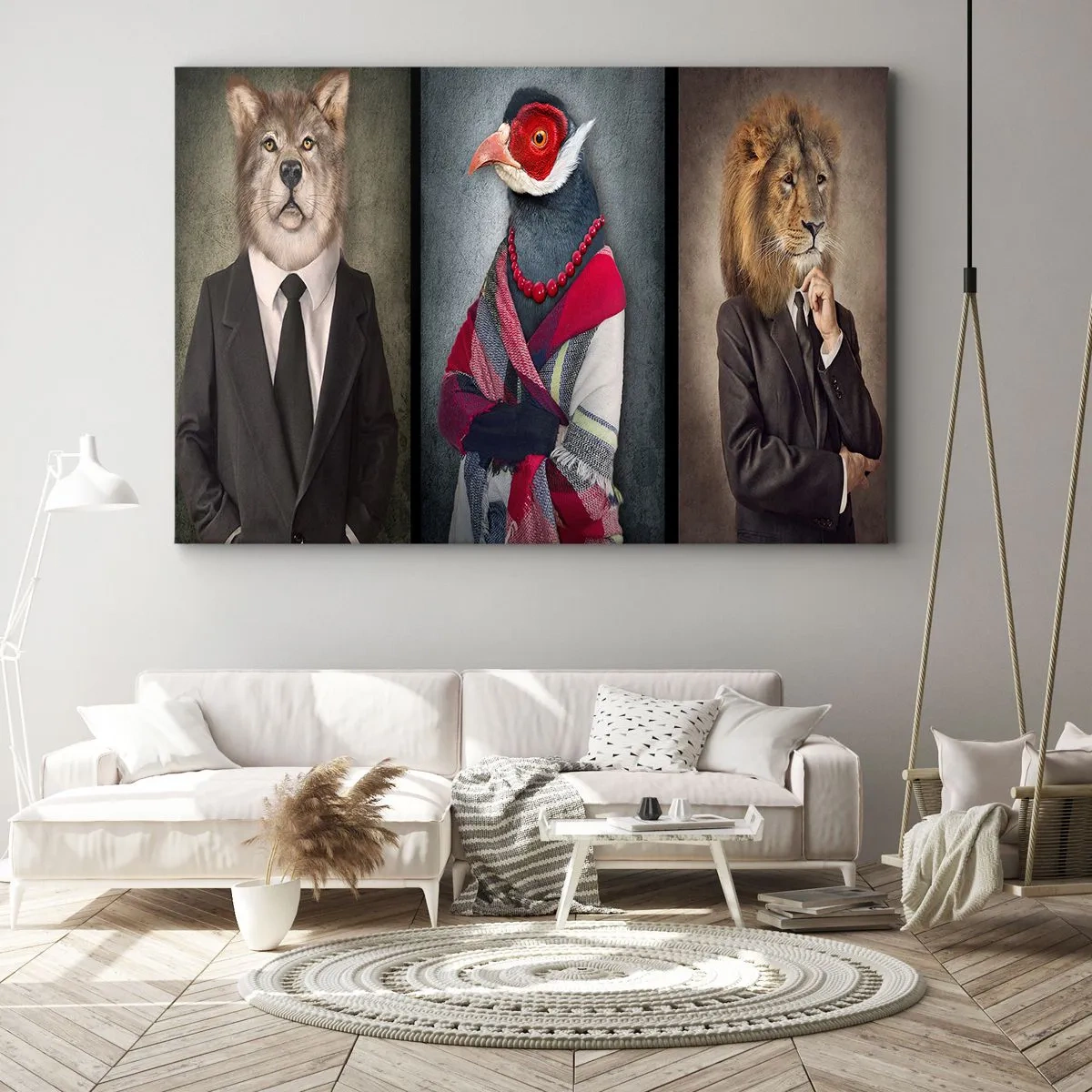 Obraz na plátně - Stylizované portréty vlka, bažanta a lva v elegantním oblečení - 70x50cm - Co tady dělám?! - Moderní nástěnná dekorace do obývacího pokoje a ložnice ARTTOR