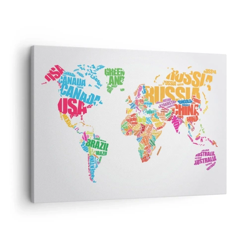 Obraz na plátně - Barevná mapa světa s názvy zemí - 70x50cm - Chci poznat všechny - Moderní nástěnná dekorace do obývacího pokoje a ložnice ARTTOR