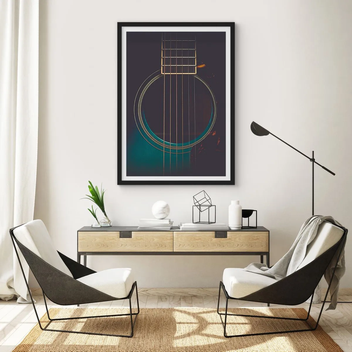 Plakát v černém rámu - Umělecký detail rezonanční desky akustické kytary. - 50x70cm - Okamžik, než to zazní - Moderní nástěnná dekorace do obývacího pokoje a ložnice ARTTOR