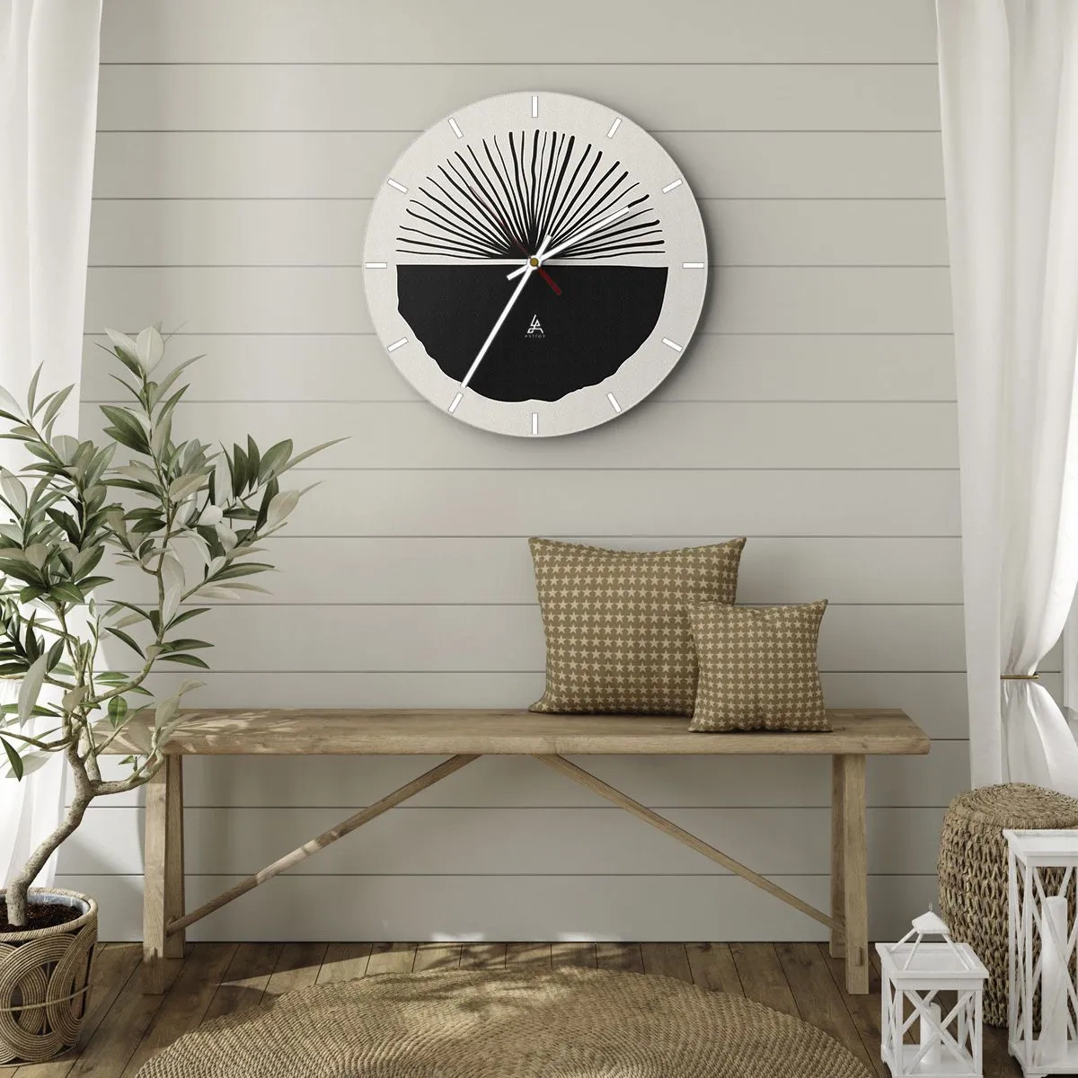 Nástěnné hodiny - Motiv černého vějíře na světlém pozadí v minimalistickém stylu - 30x30cm - Řada možností - Moderní nástěnná dekorace do obývacího pokoje, kuchyně a ložnice ARTTOR