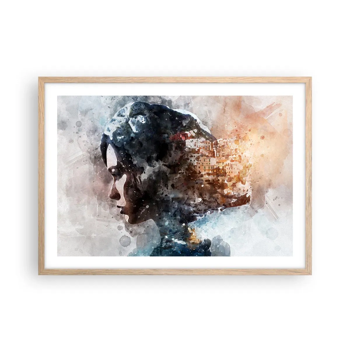 Plakát v rámu světlý dub - Příběh o dívce s městem v pozadí - 70x50 cm