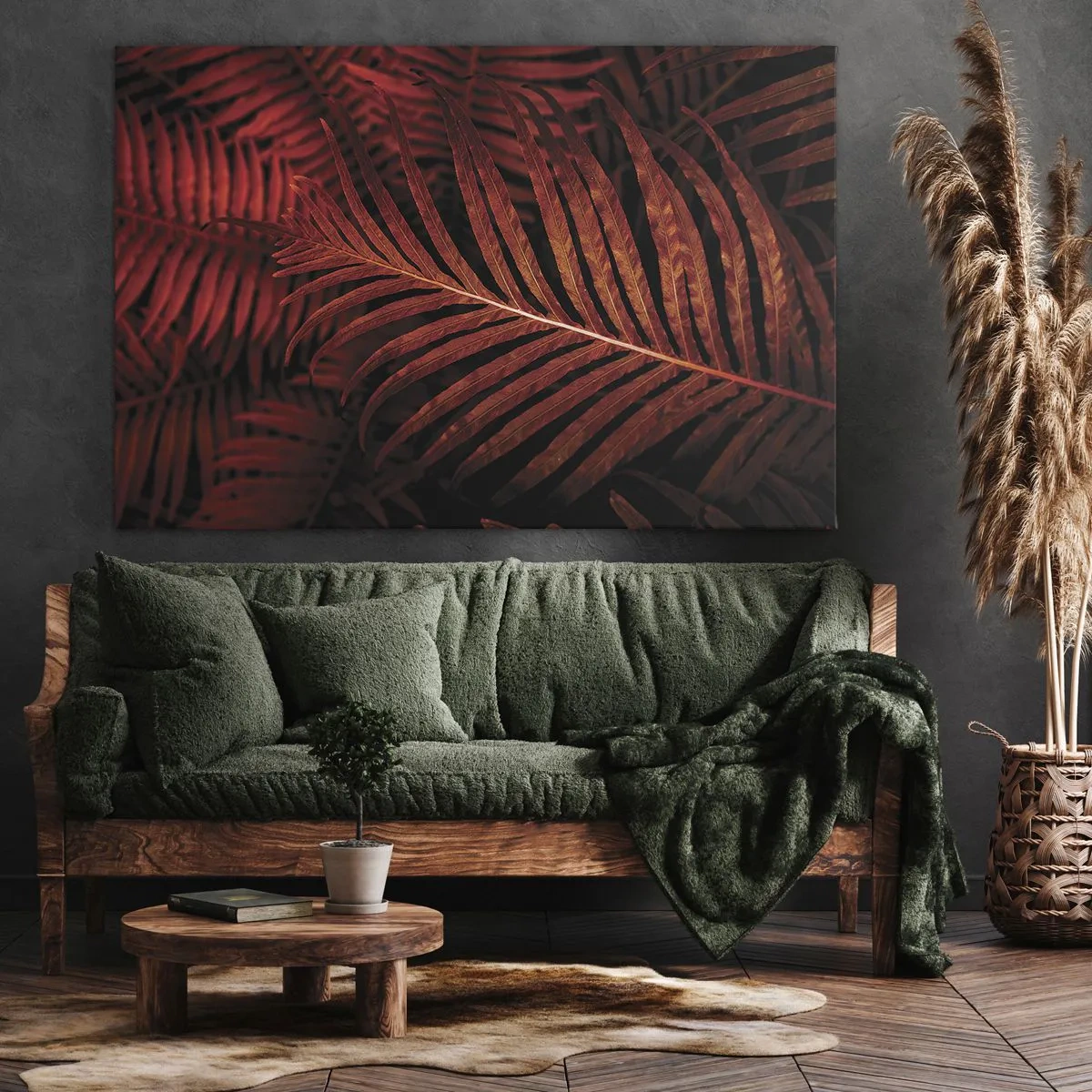 Obraz na plátně - Detail červených tropických listů - 70x50cm - Žár života - Moderní nástěnná dekorace do obývacího pokoje a ložnice ARTTOR
