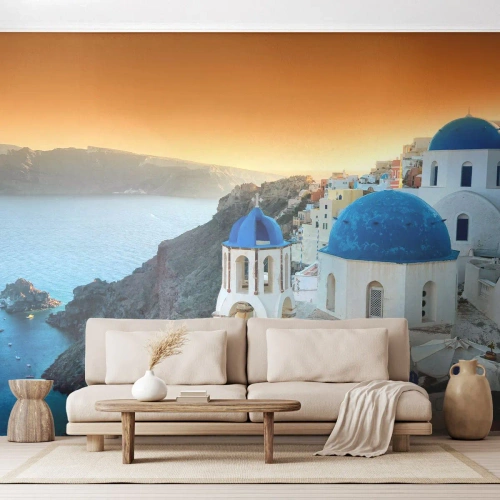 Fototapeta Samolepicí Deluxe Sticker - Santorini - přitulené ke skalám - Krajina, Řecko, Santorini - 100x70 cm