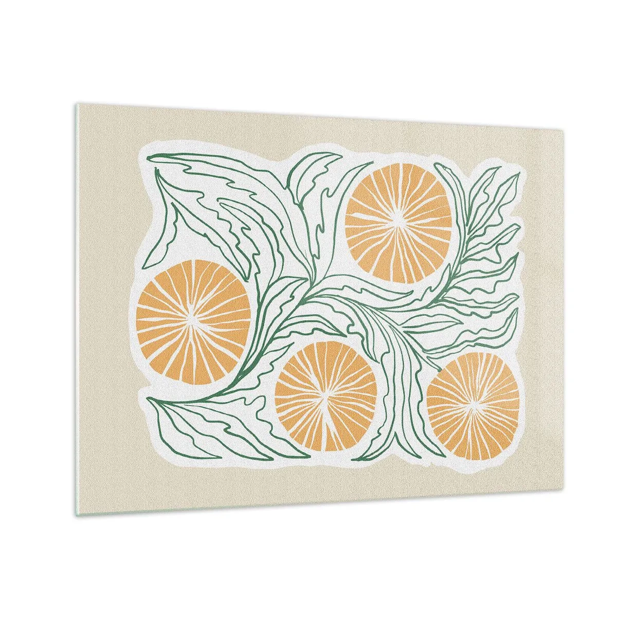 Obraz na skle - Oranžové plody a zelené listy v grafické kompozici - 70x50cm - Etnický s abstraktním nádechem - Moderní nástěnná dekorace do obývacího pokoje a ložnice ARTTOR
