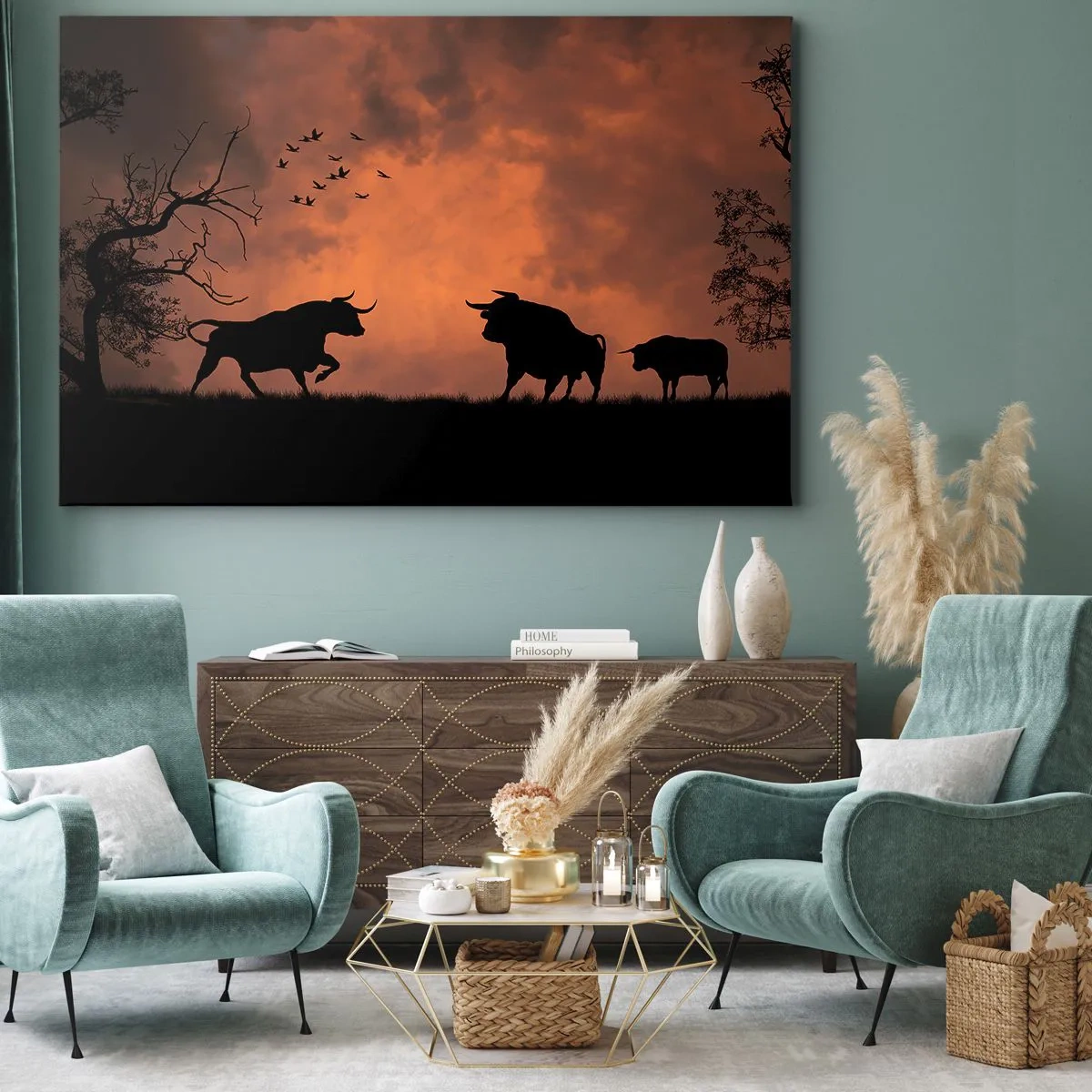 Obraz na plátně - Siluety býků proti oranžové obloze při západu slunce - 70x50cm - Dramatické představení přírody - Moderní nástěnná dekorace do obývacího pokoje a ložnice ARTTOR