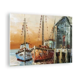 Obraz na skle - Barevné lodě v přístavu - 70x50cm - Klidný návrat - Moderní nástěnná dekorace do obývacího pokoje a ložnice ARTTOR