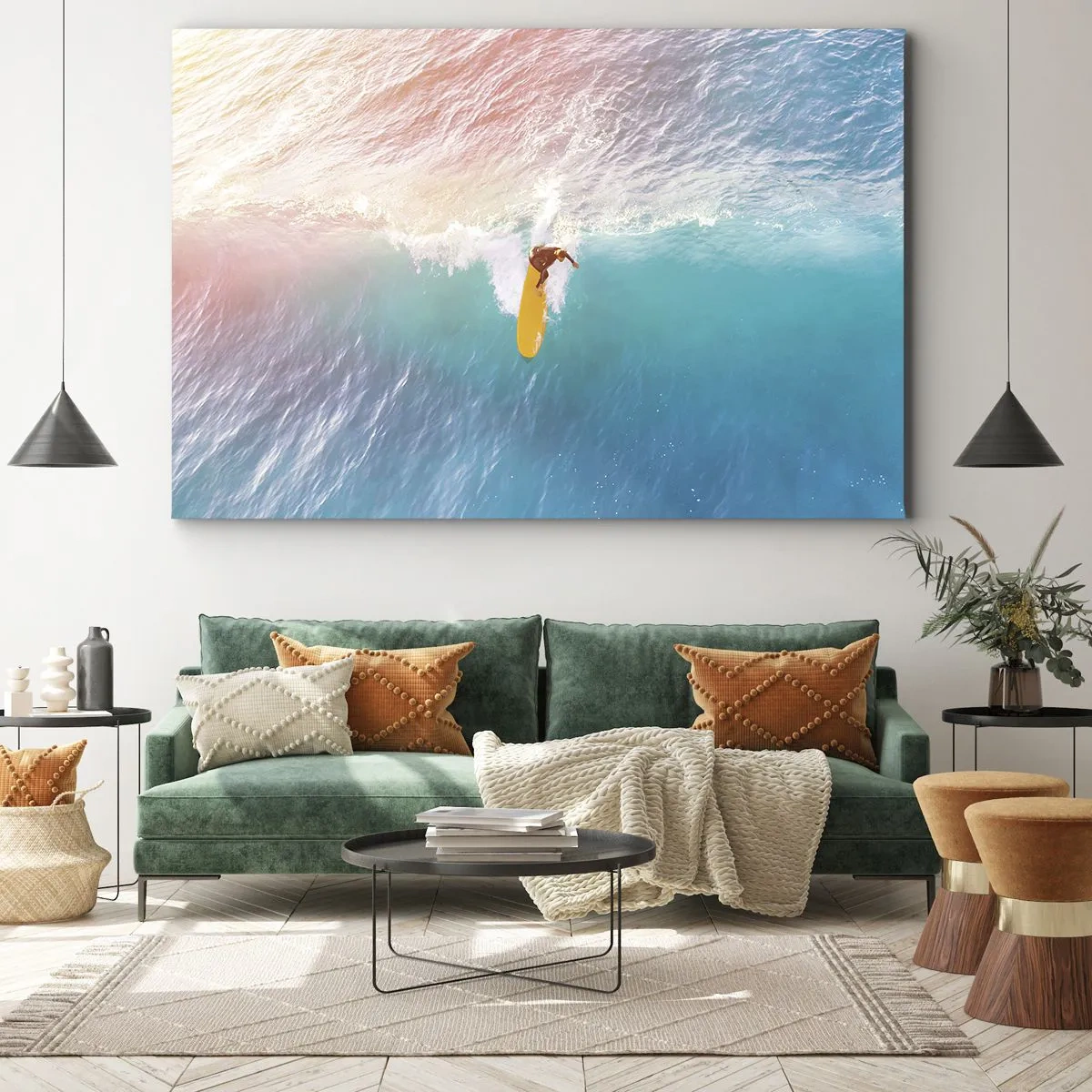 Obraz na plátně - Surfař na vlně v pastelových barvách - 70x50cm - Oceanický jezdec - Moderní nástěnná dekorace do obývacího pokoje a ložnice ARTTOR