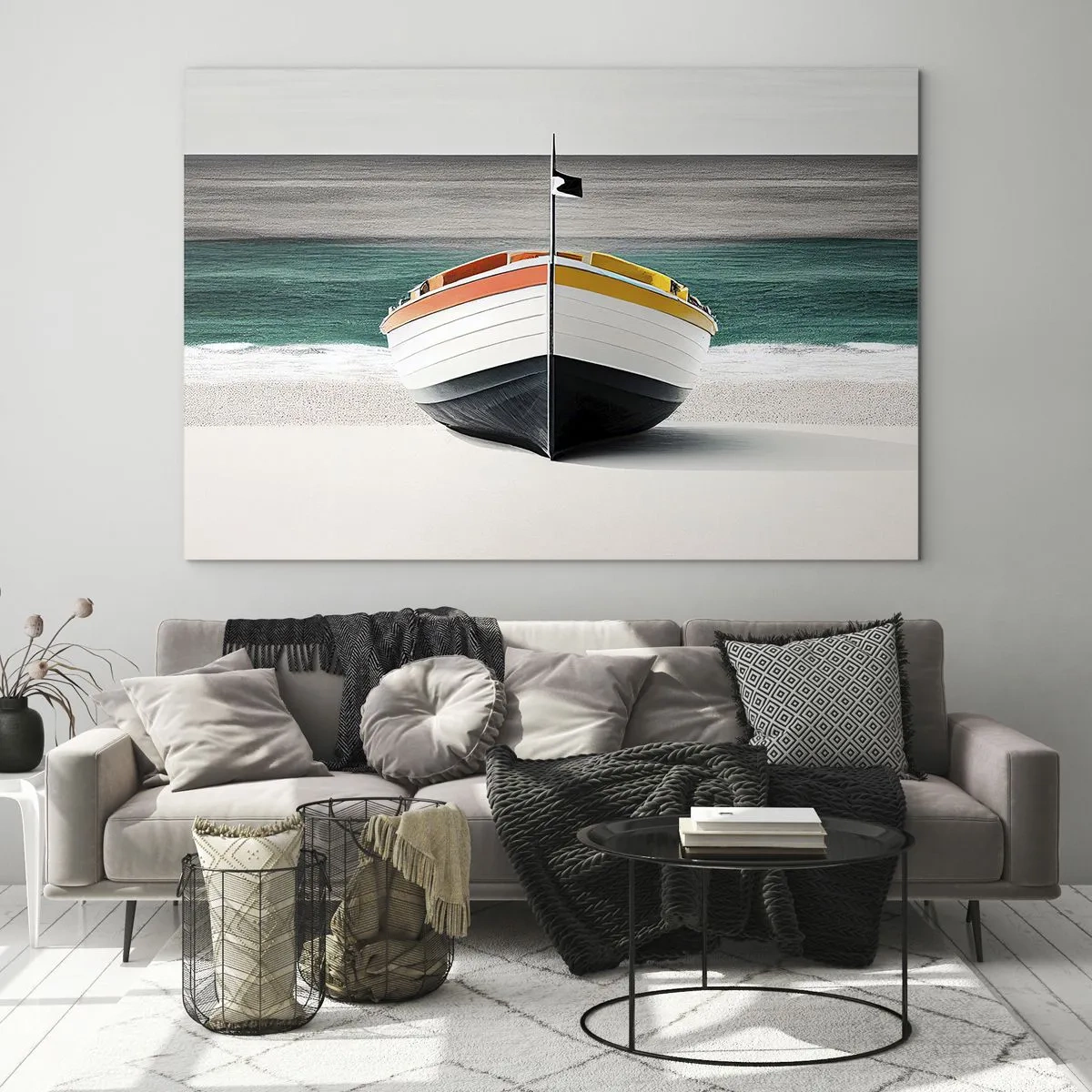 Obraz na skle - Barevná loď na pláži s tyrkysovým mořem v pozadí - 70x50cm - Na správném místě - Moderní nástěnná dekorace do obývacího pokoje a ložnice ARTTOR