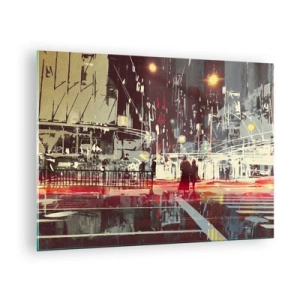 Obraz na skle - Noční městská krajina s neonovými světly a siluetami kolemjdoucích - 70x50cm - Velkoměstská doprava - Moderní nástěnná dekorace do obývacího pokoje a ložnice ARTTOR
