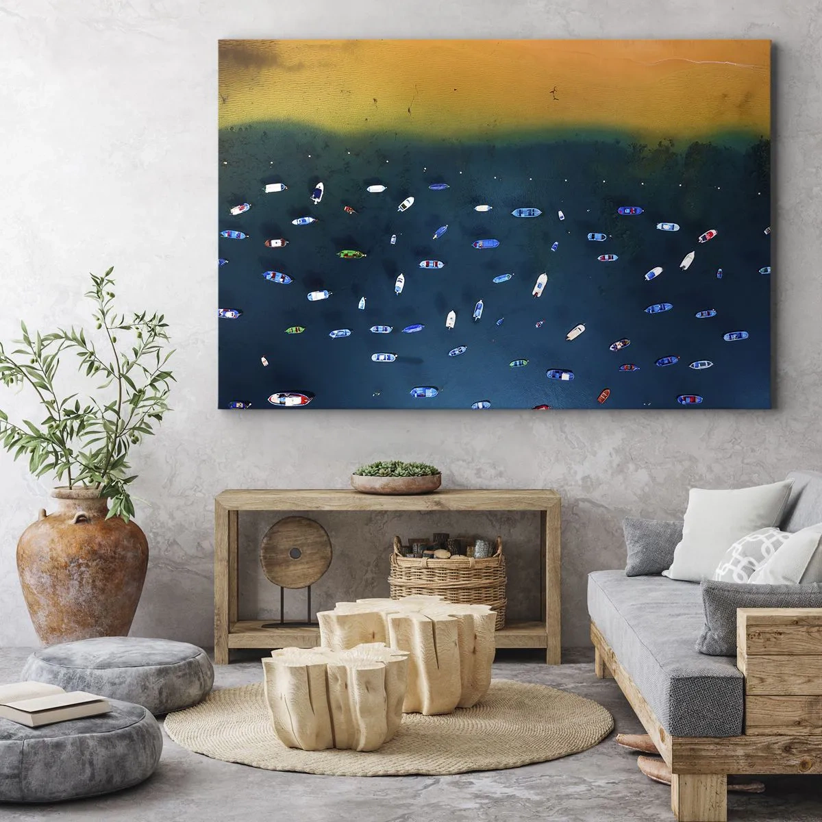 Obraz na plátně - Letecký pohled na lodě na vodě a písečné pobřeží - 70x50cm - Prázdninová hra - Moderní nástěnná dekorace do obývacího pokoje a ložnice ARTTOR
