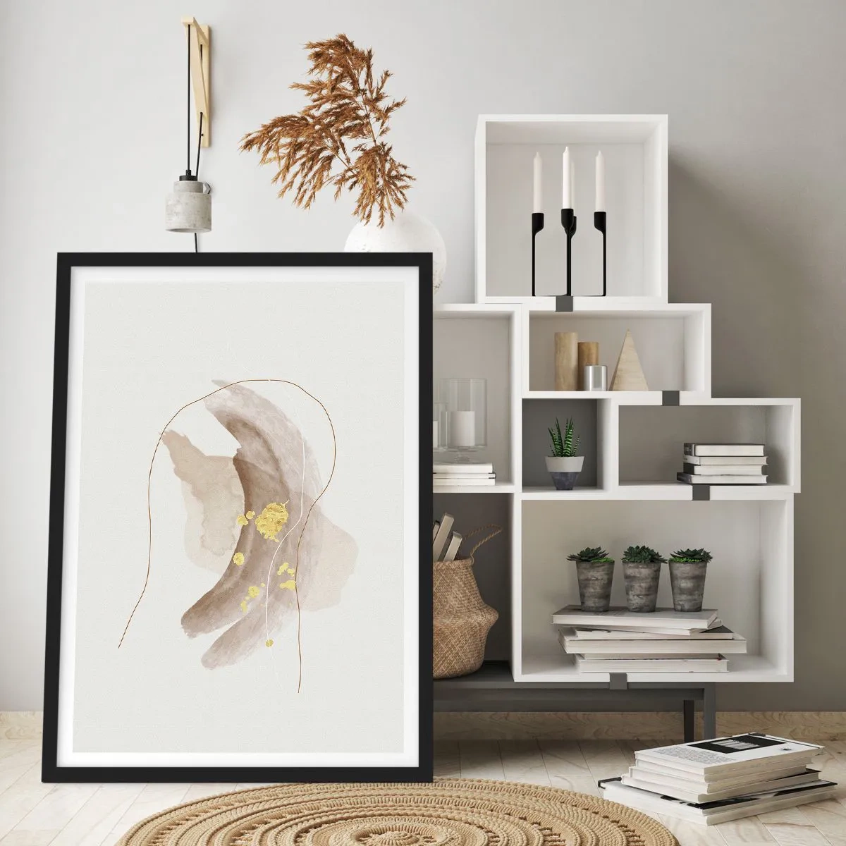 Plakát v černém rámu - Abstraktní vzor v béžové barvě s jemnými zlatými akcenty. - 50x70cm - Vesmírná bytost - Moderní nástěnná dekorace do obývacího pokoje a ložnice ARTTOR