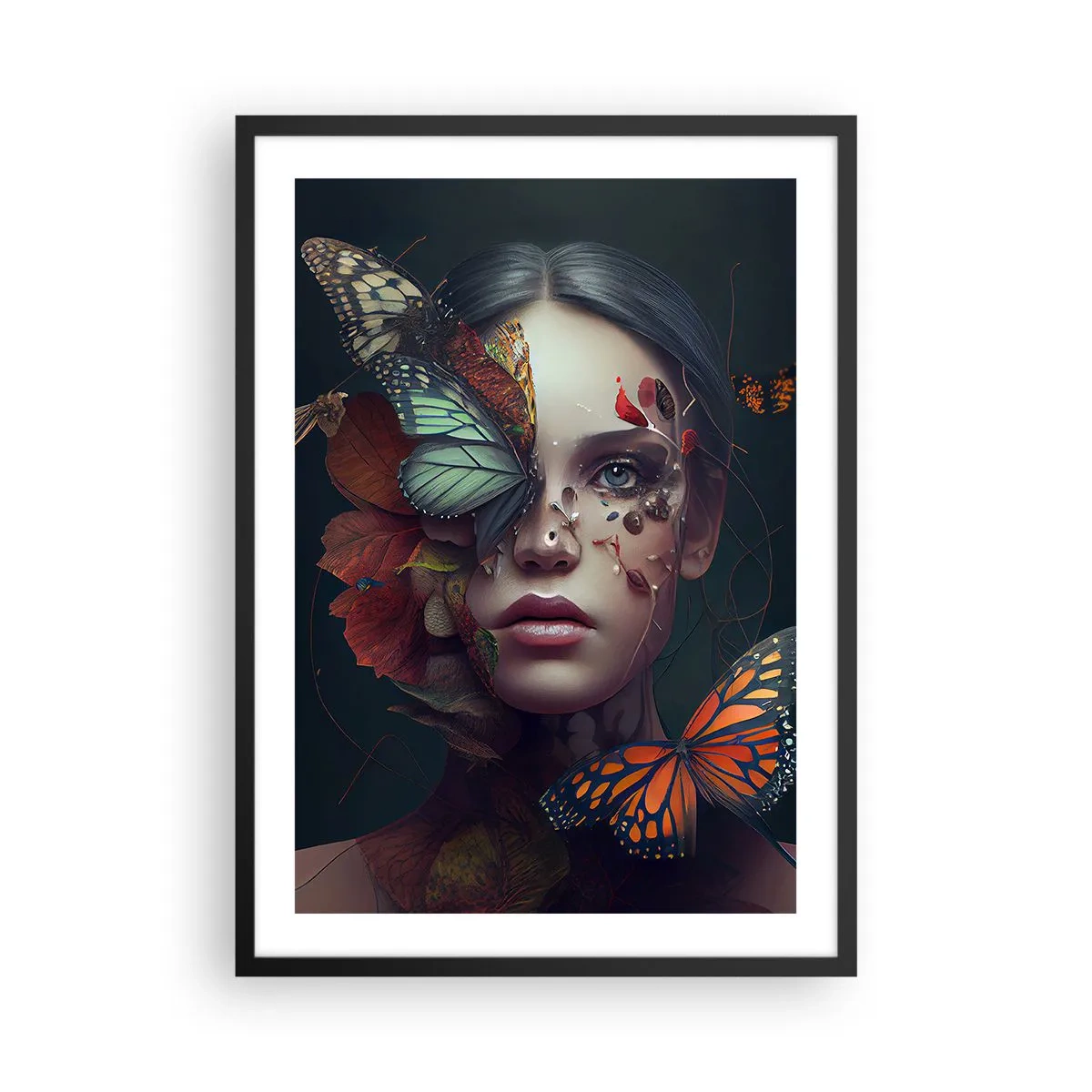 Plakát v černém rámu - Portrét ženy s motýly a listy - 50x70cm - Nádherná metamorfóza - Moderní nástěnná dekorace do obývacího pokoje a ložnice ARTTOR