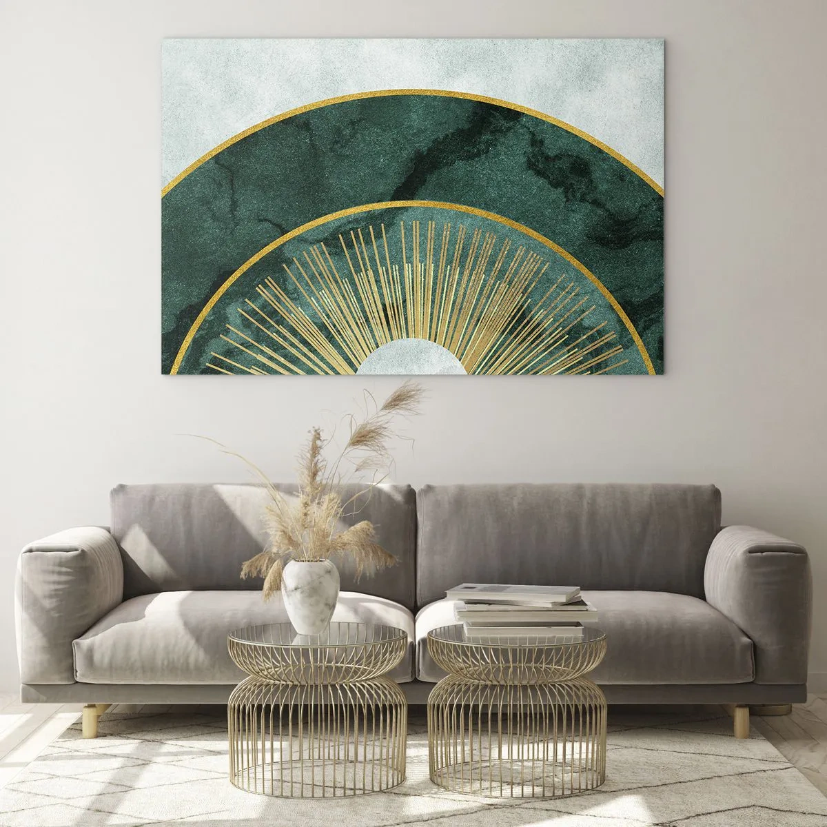 Obraz na skle - Zlaté paprsky na pozadí zelených půlkruhů s mramorovou strukturou - 70x50cm - Jiná sluneční soustava - Moderní nástěnná dekorace do obývacího pokoje a ložnice ARTTOR