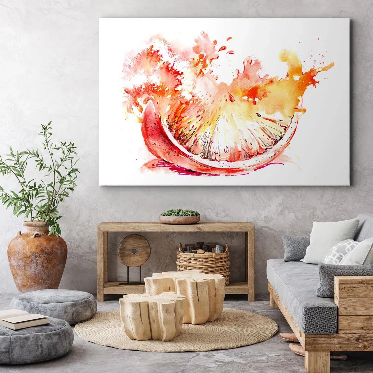 Obraz na plátně - Akvarelový plátek grapefruitu v zářivých barvách - 70x50cm - Šťavnaté osvěžení - Moderní nástěnná dekorace do obývacího pokoje a ložnice ARTTOR