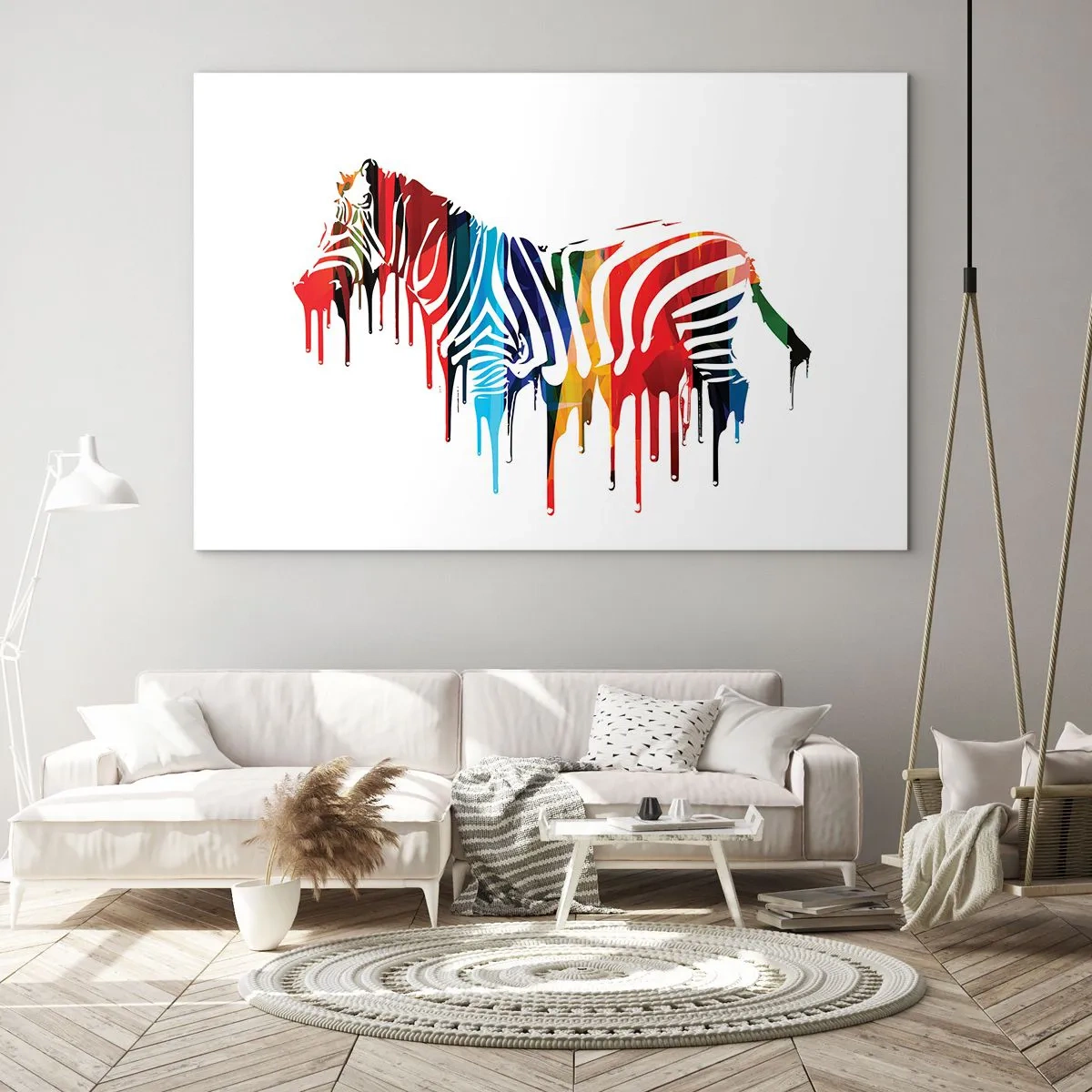 Obraz na skle - Barevná zebra v abstraktní podobě s efektem kapající barvy. - 70x50cm - Nejenom černo-bílý - Moderní nástěnná dekorace do obývacího pokoje a ložnice ARTTOR