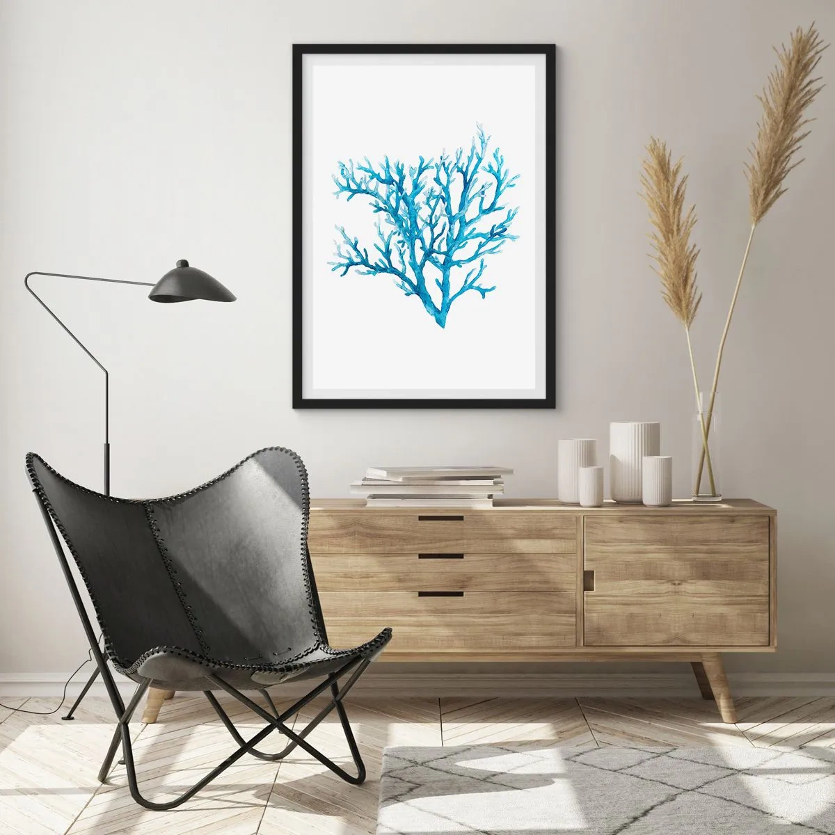 Plakát v černém rámu - Modrý korál ve stylu akvarelu na bílém pozadí - 50x70cm - Mořský filigrán - Moderní nástěnná dekorace do obývacího pokoje a ložnice ARTTOR