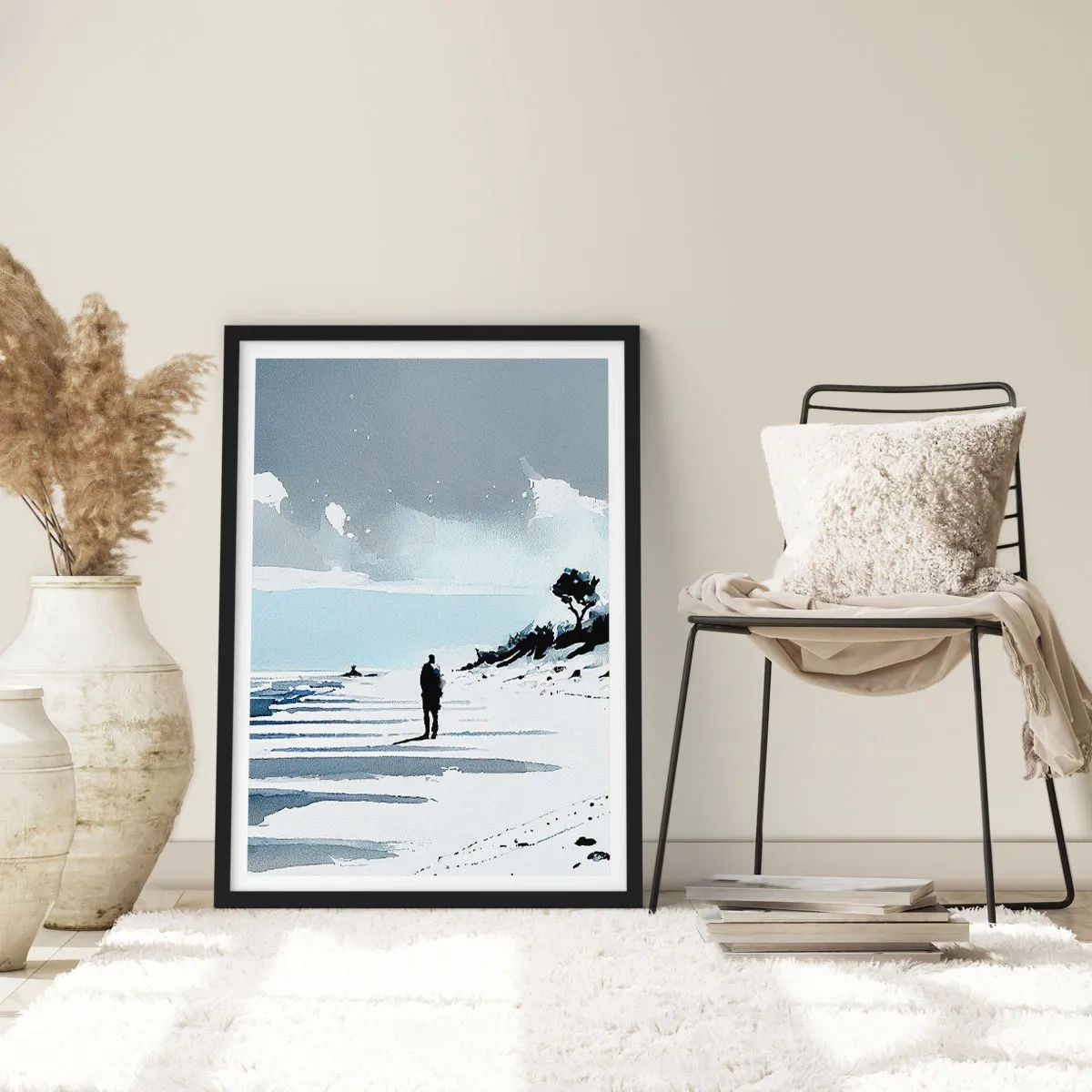 Plakát v černém rámu - Osamělá postava na pláži v akvarelových tónech - 50x70cm - O samotě - Moderní nástěnná dekorace do obývacího pokoje a ložnice ARTTOR