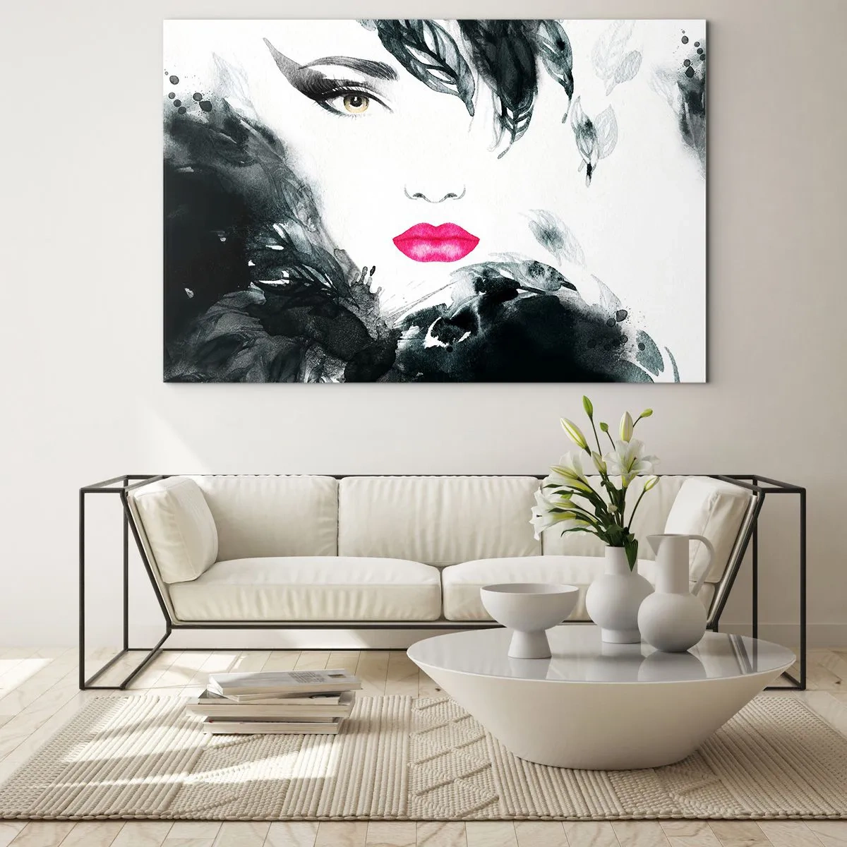 Obraz na skle - Portrét ženy s růžovými rty a černými akcenty - 70x50cm - Pozor! Femme fatale - Moderní nástěnná dekorace do obývacího pokoje a ložnice ARTTOR