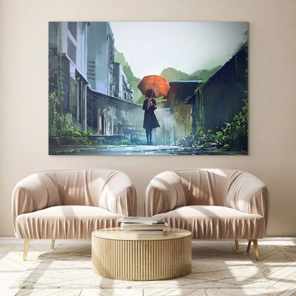 Obraz na skle - Postava s oranžovým deštníkem na deštivé ulici - 70x50cm - Oživující déšť - Moderní nástěnná dekorace do obývacího pokoje a ložnice ARTTOR