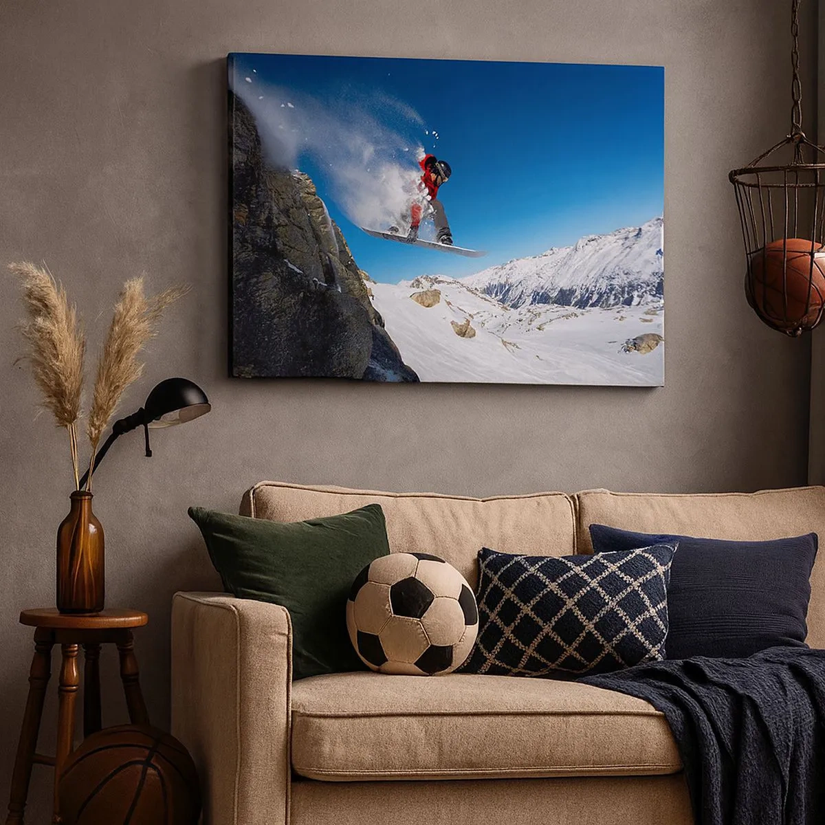 Obraz na plátně - Snowboardista skáče ze skály na pozadí horské krajiny - 70x50cm - A stal ses součástí prostoru - Moderní nástěnná dekorace do obývacího pokoje a ložnice ARTTOR