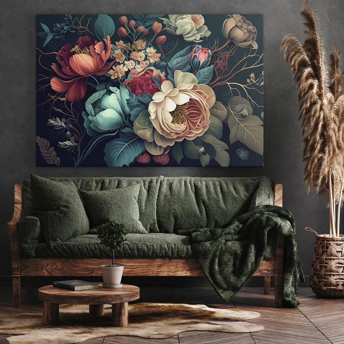 Obraz na plátně - Barevná kompozice květin na tmavém pozadí - 70x50cm - Půvab 19. století - Moderní nástěnná dekorace do obývacího pokoje a ložnice ARTTOR