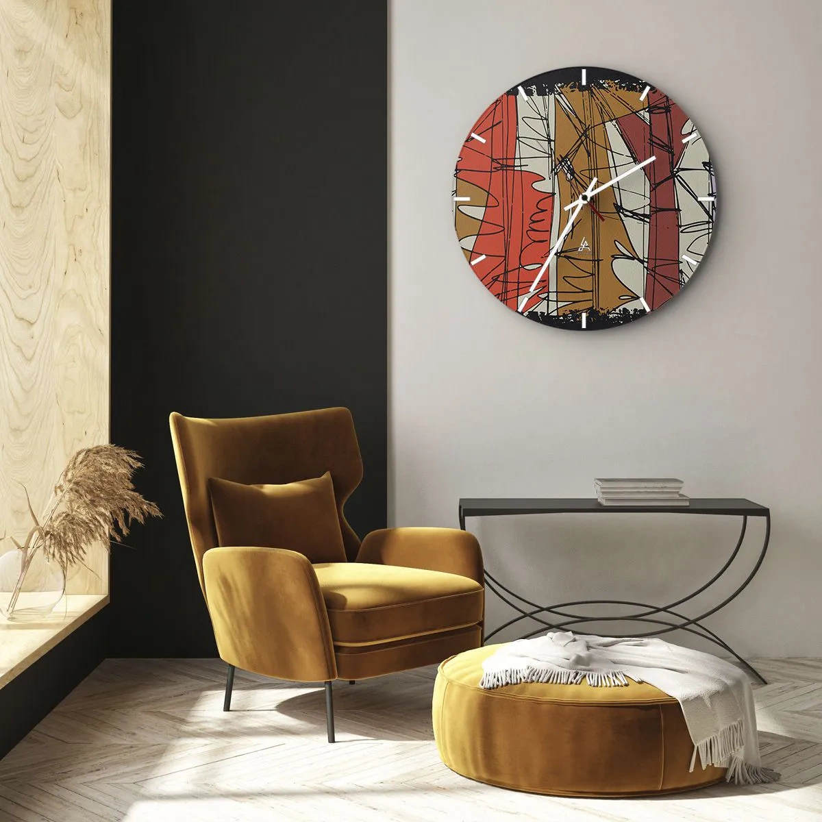Nástěnné hodiny - Abstraktní linie a skvrny v teplé barevné paletě - 30x30cm - Spontánní kompozice - Moderní nástěnná dekorace do obývacího pokoje, kuchyně a ložnice ARTTOR