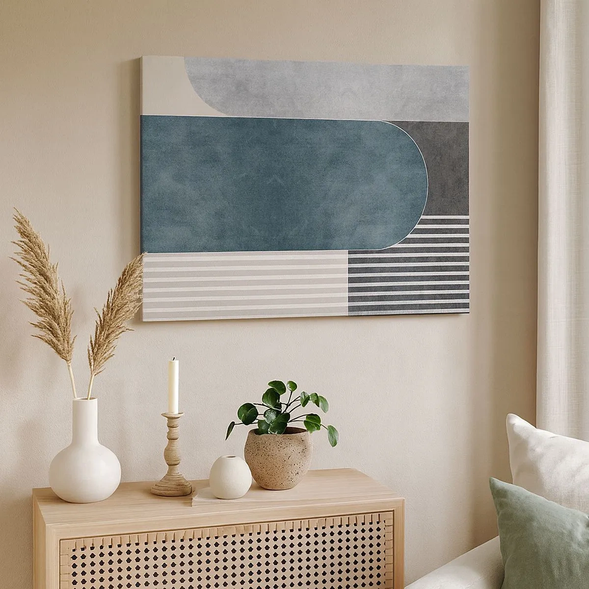 Obraz na plátně - Geometrická abstrakce v odstínech šedé a zelené - 70x50cm - Kompozice na úrovni - Moderní nástěnná dekorace do obývacího pokoje a ložnice ARTTOR