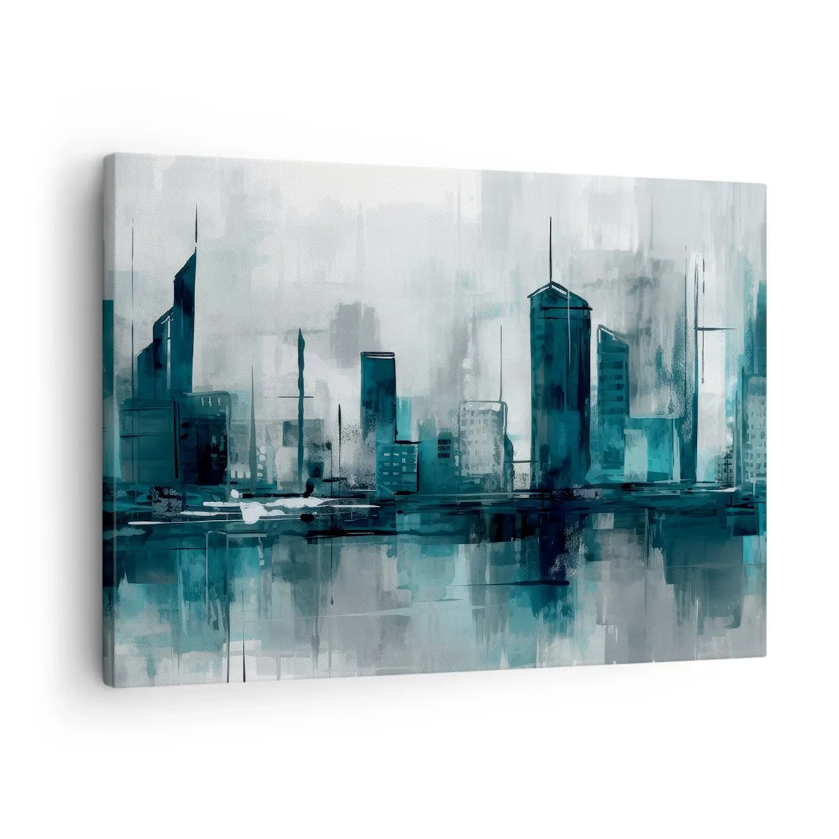 Obraz na plátně - Moderní město v odstínech tyrkysové a šedé - 70x50cm - Město v barvě deště - Moderní nástěnná dekorace do obývacího pokoje a ložnice ARTTOR