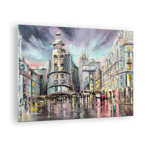 Obraz na skle - Městská ulice v dešti s velkolepým odrazem světel - 70x50cm - To bude vydařený večer - Moderní nástěnná dekorace do obývacího pokoje a ložnice ARTTOR