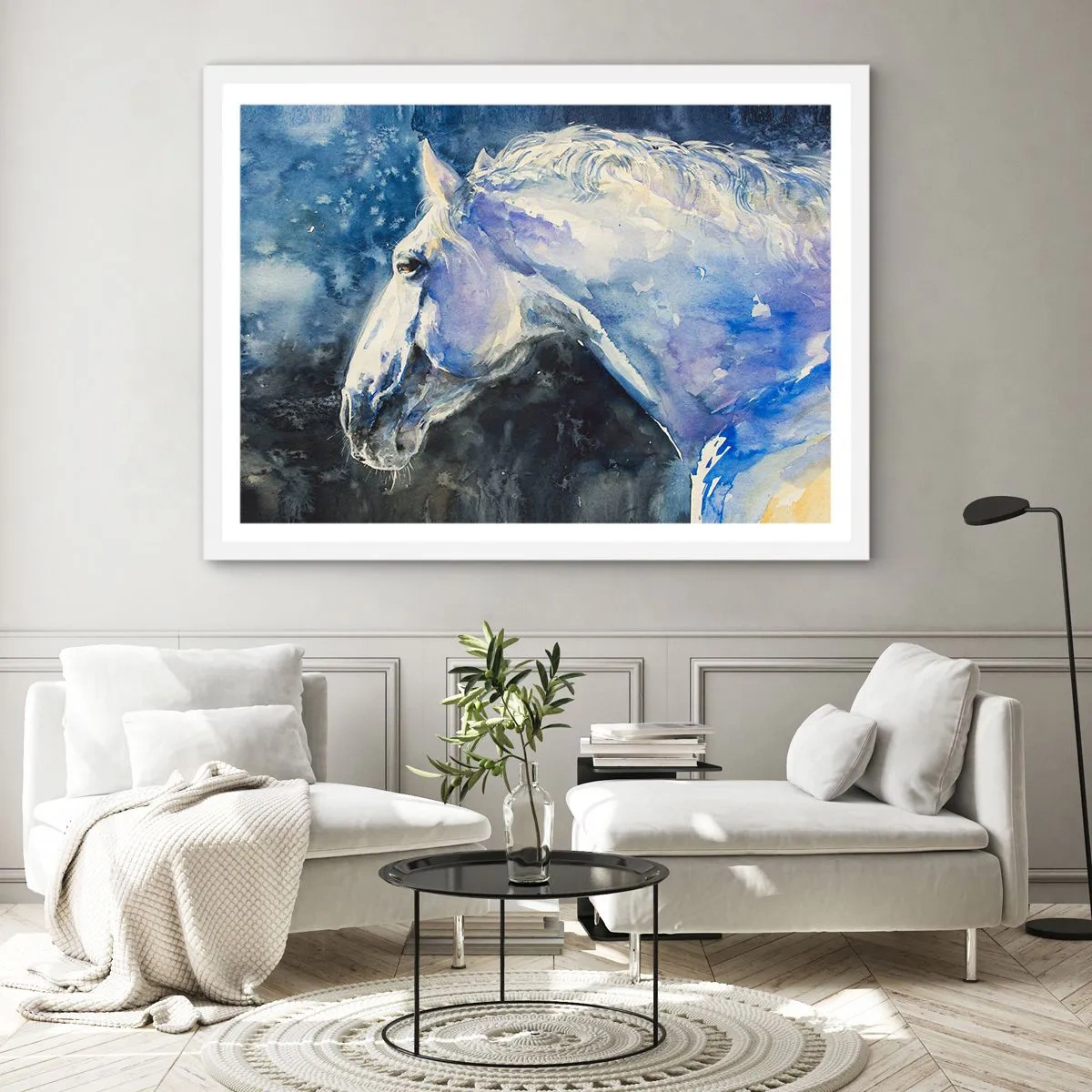 Plakát v bílém rámu - Portrét v modré záři - 91x61 cm