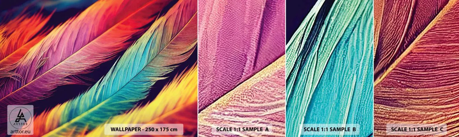 Vzor Fototapety Samolepicí Deluxe Sticker - Opeřená duha - Peří, Světlo, Barvitý - 100x30 cm