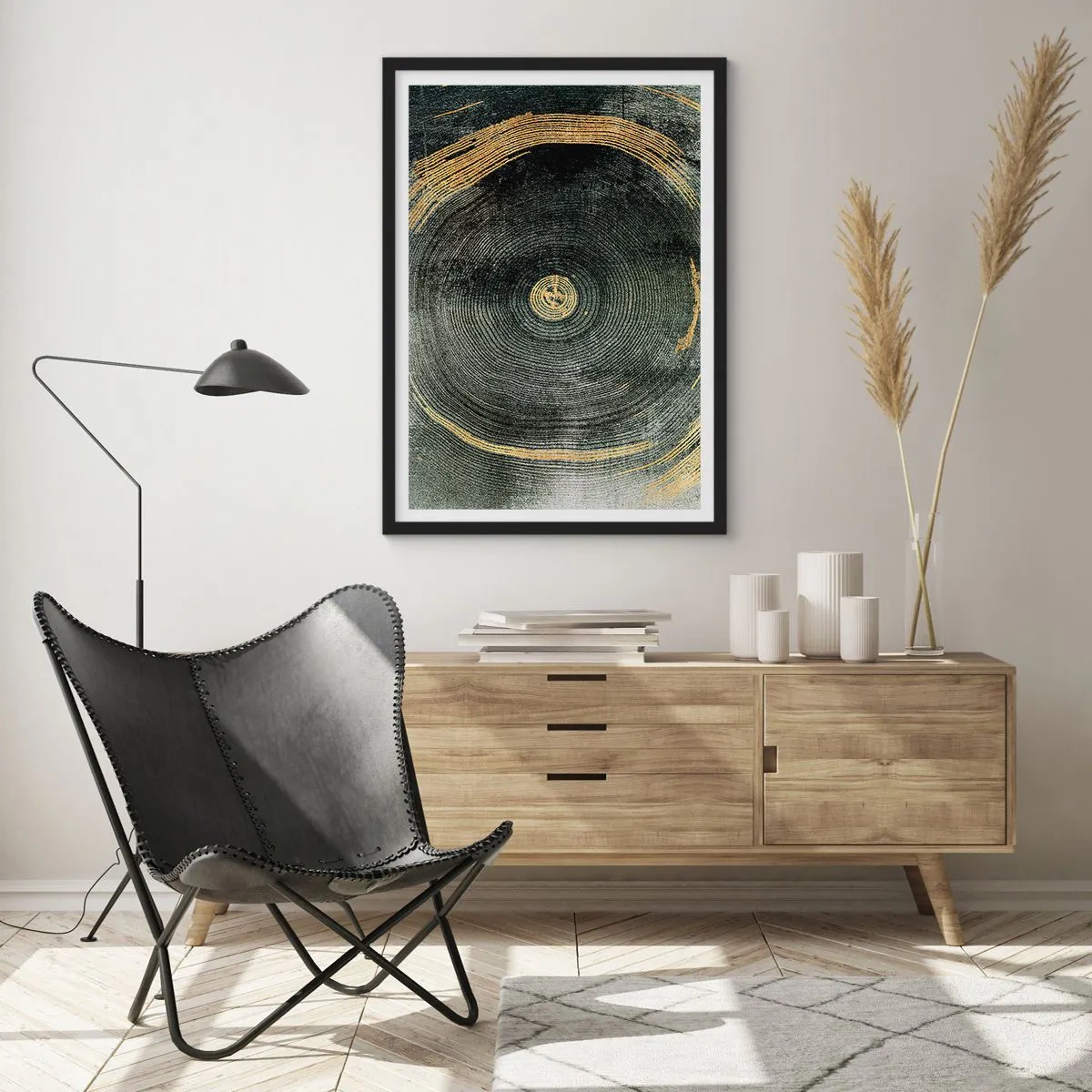 Plakát v černém rámu - Abstraktní dřevěná textura ve zlatých a černých tónech - 50x70cm - Změna a udržitelnost - Moderní nástěnná dekorace do obývacího pokoje a ložnice ARTTOR