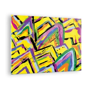 Obraz na skle - Intenzivní abstrakce v jasných barvách na žlutém pozadí - 70x50cm - Až křičí radostí - Moderní nástěnná dekorace do obývacího pokoje a ložnice ARTTOR