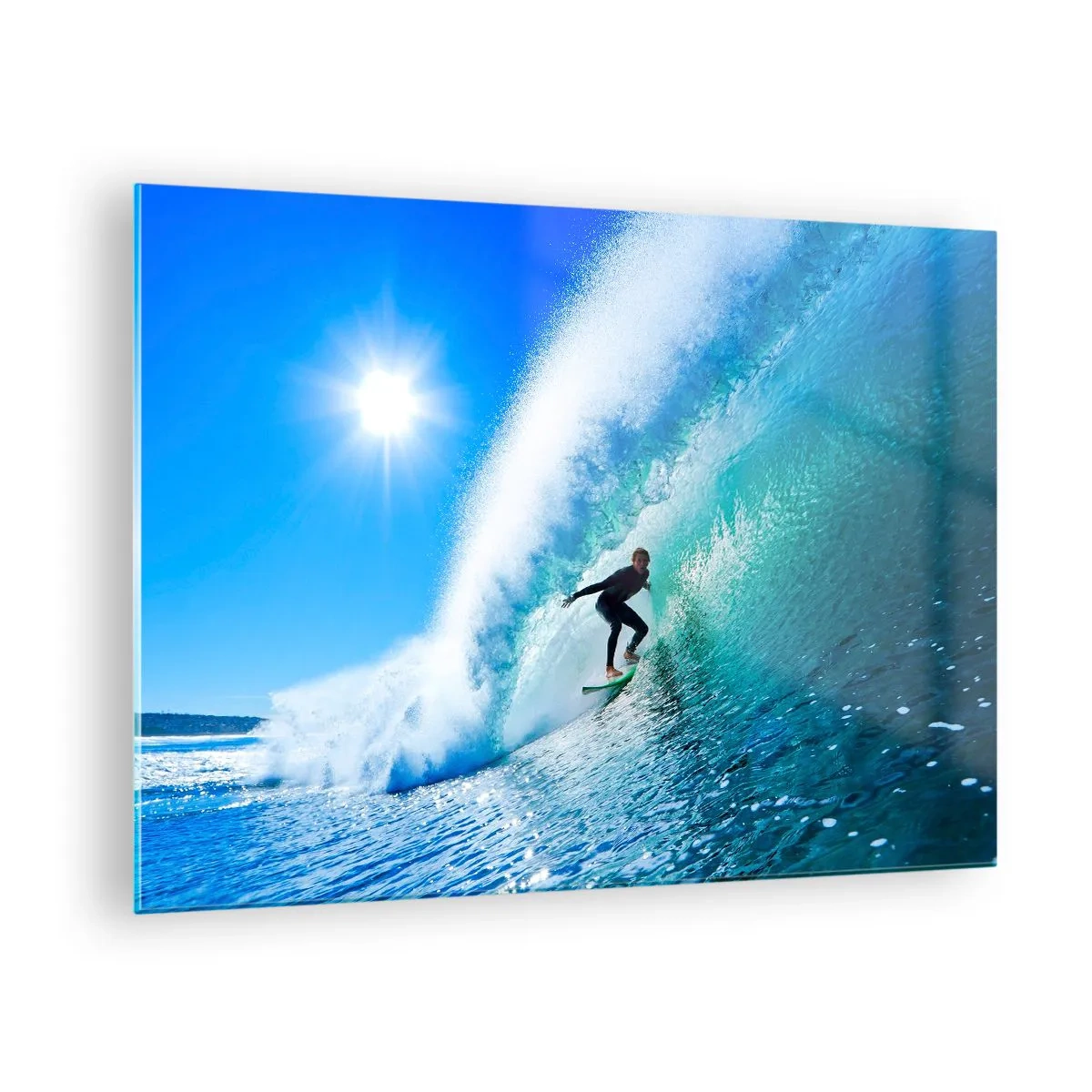 Obraz na skle - Surfař na vlně za slunečného dne - 70x50cm - Přes velký blankyt - Moderní nástěnná dekorace do obývacího pokoje a ložnice ARTTOR