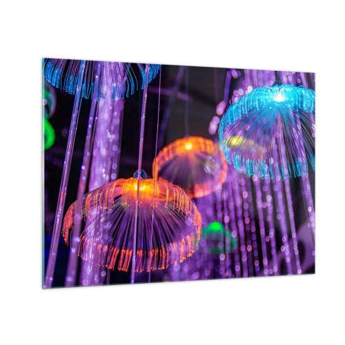 Obraz na skle - Barevné světelné struktury připomínající medúzy - 70x50cm - Světelná fontána - Moderní nástěnná dekorace do obývacího pokoje a ložnice ARTTOR