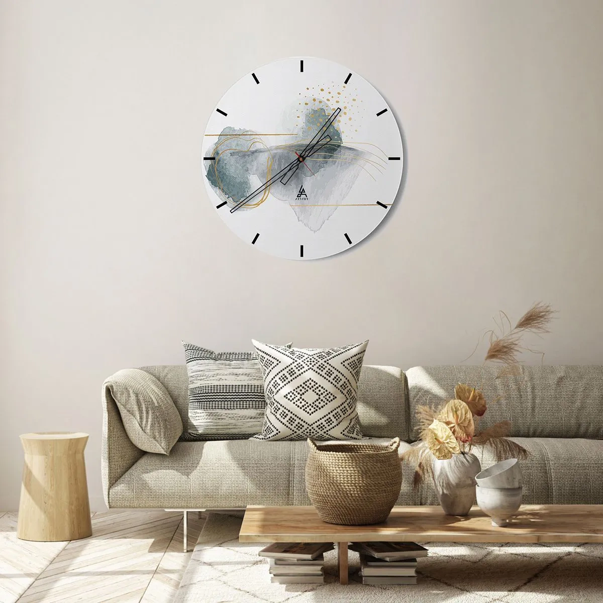 Nástěnné hodiny - Pastelové abstraktní tvary se zlatými čarami a tečkami na bílém pozadí. - 30x30cm - O vztahu mezi šedou a zlatou - Moderní nástěnná dekorace do obývacího pokoje, kuchyně a ložnice ARTTOR