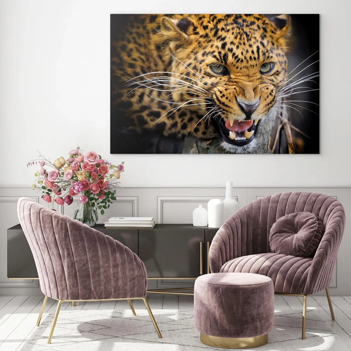 Obraz na skle - Detailní záběr agresivního leoparda s jasnými detaily - 70x50cm - Nepřibližuj se, varuji! - Moderní nástěnná dekorace do obývacího pokoje a ložnice ARTTOR