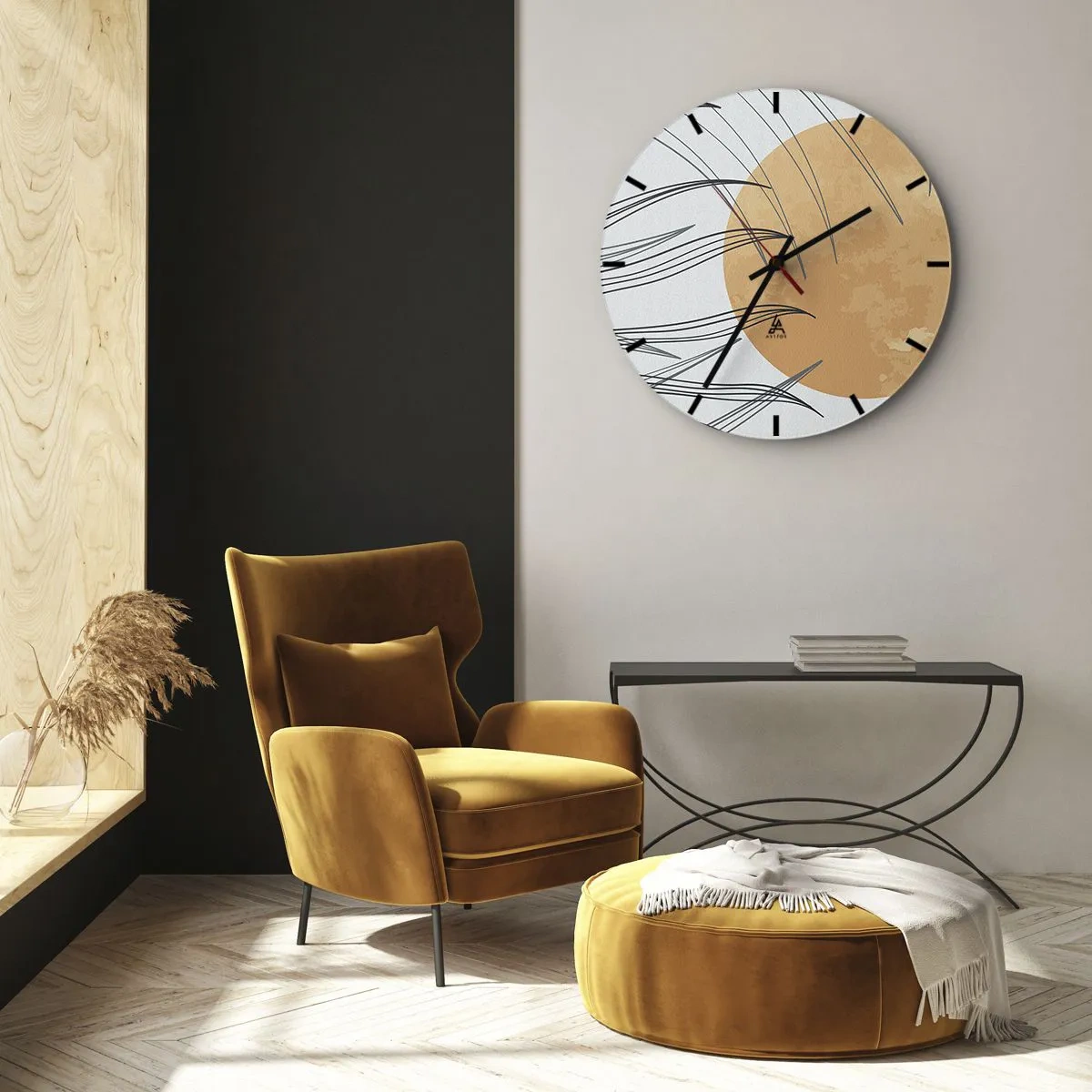Nástěnné hodiny - Grafika s oranžovým kruhem a travními čarami na pozadí - 30x30cm - Vždy ke slunci - Moderní nástěnná dekorace do obývacího pokoje, kuchyně a ložnice ARTTOR