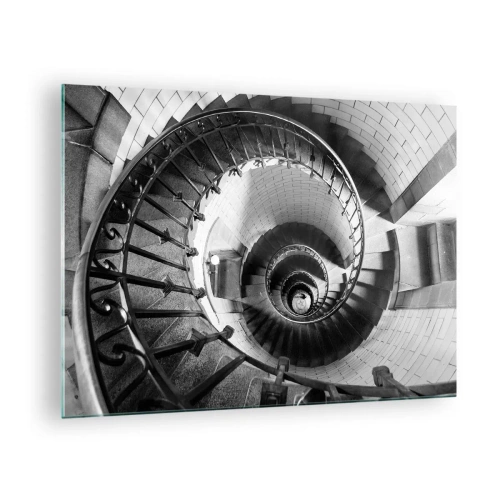 Obraz na skle - Černobílá fotografie točitého schodiště v perspektivě - 70x50cm - Jen výš a výš - Moderní nástěnná dekorace do obývacího pokoje a ložnice ARTTOR