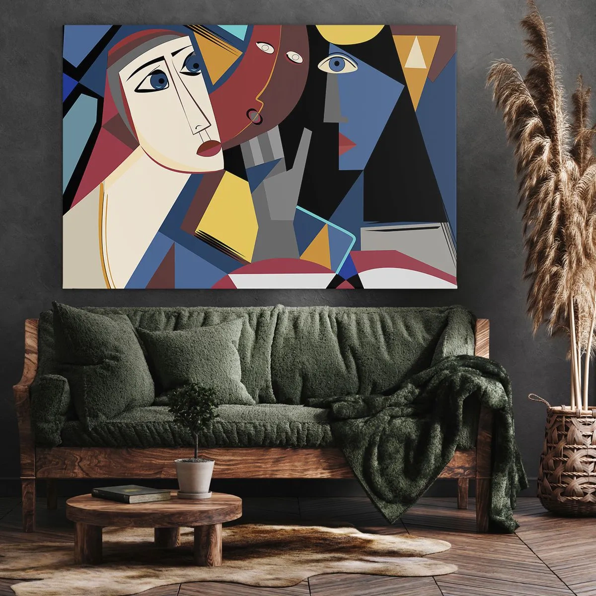 Obraz na plátně - Kubistické tváře v intenzivních barvách - 70x50cm - Konverzace kubistů - Moderní nástěnná dekorace do obývacího pokoje a ložnice ARTTOR