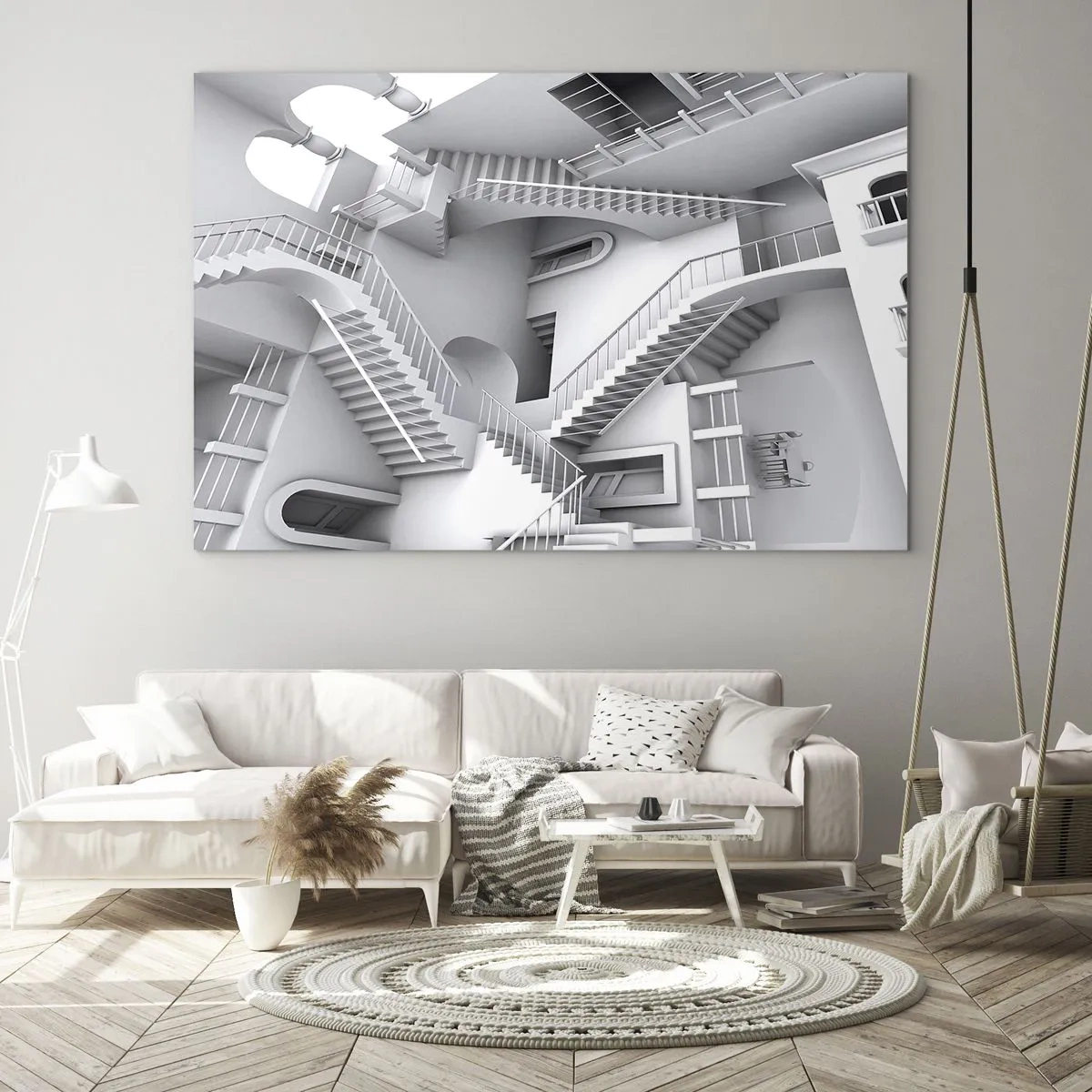 Obraz na skle - Labyrint schodů v surrealistickém prostoru - 70x50cm - Paradoxy prostoru - Moderní nástěnná dekorace do obývacího pokoje a ložnice ARTTOR