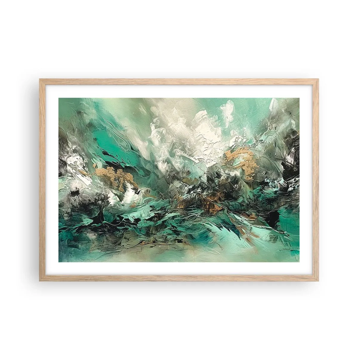 Plakát v rámu světlý dub - Smaragdově černé vlnobití - 70x50 cm