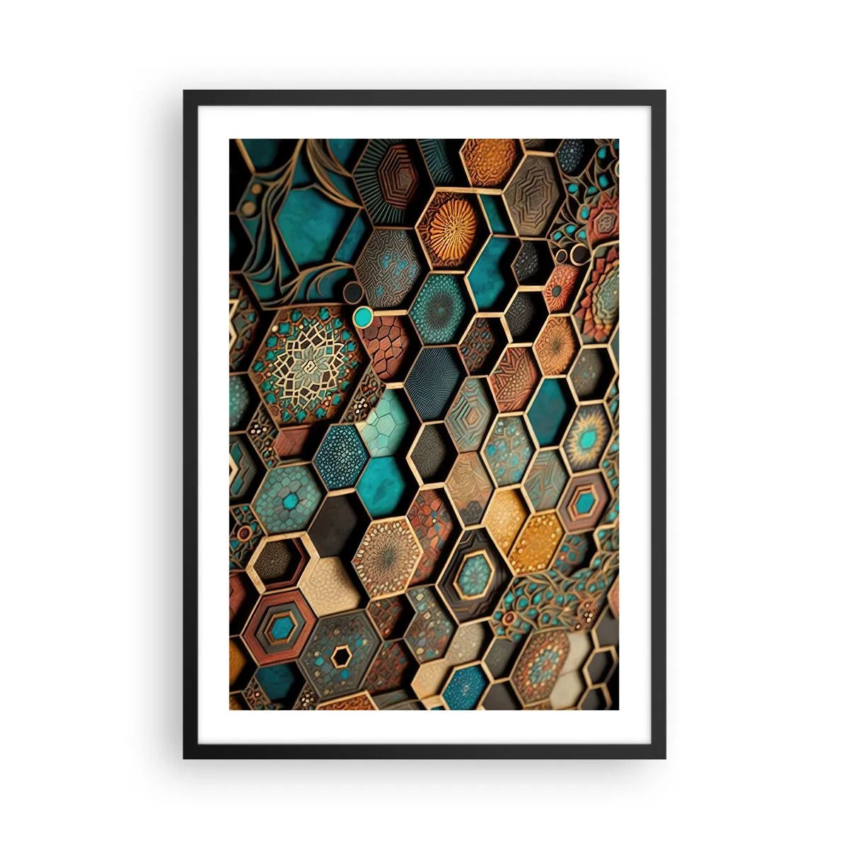 Plakát v černém rámu - Geometrická kompozice šestiúhelníků ve zlaté a tyrkysové paletě. - 50x70cm - Arabské ornamenty – variace - Moderní nástěnná dekorace do obývacího pokoje a ložnice ARTTOR