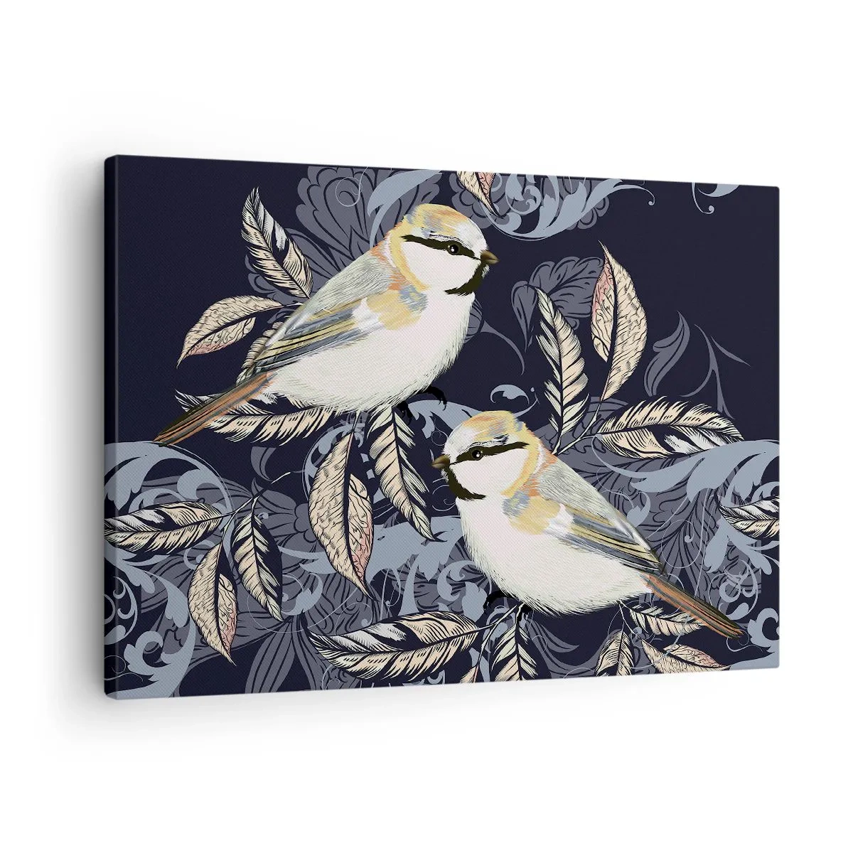 Obraz na plátně - Ptáci na větvích v okrasném pozadí - 70x50cm - Žlutomodrá píseň - Moderní nástěnná dekorace do obývacího pokoje a ložnice ARTTOR