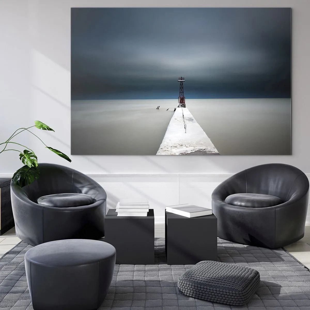 Obraz na skle - Minimalistické molo vedoucí k majáku na pozadí moře a nebe - 70x50cm - Setkat se s nekonečnem - Moderní nástěnná dekorace do obývacího pokoje a ložnice ARTTOR