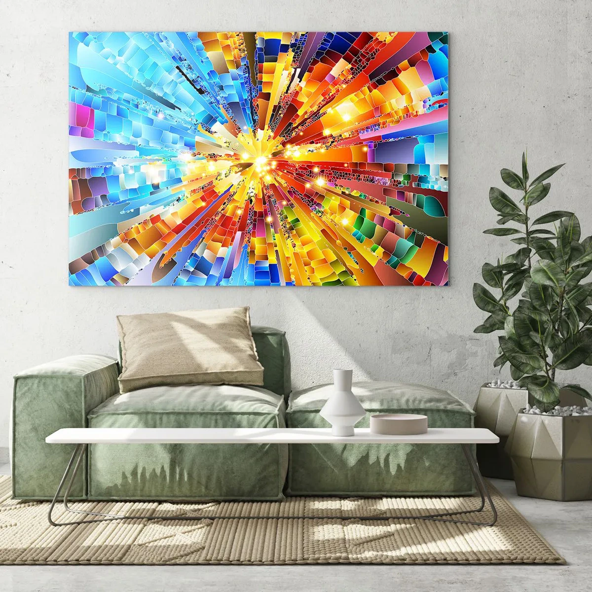 Obraz na skle - Abstraktní exploze barev v dynamické, geometrické kompozici. - 70x50cm - In medias res - Moderní nástěnná dekorace do obývacího pokoje a ložnice ARTTOR