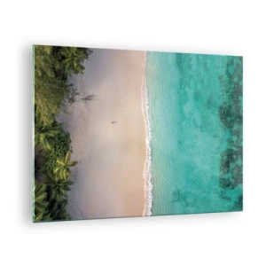 Obraz na skle - Letecký pohled na tropickou pláž a tyrkysové moře - 70x50cm - Rajská pláž - Moderní nástěnná dekorace do obývacího pokoje a ložnice ARTTOR