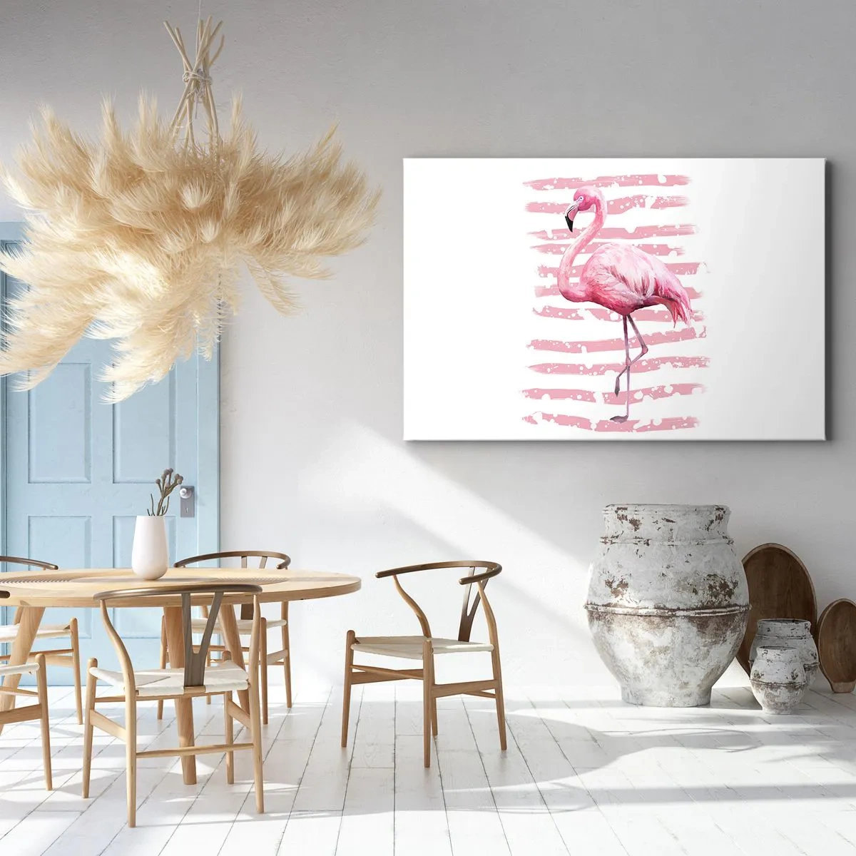 Obraz na plátně - Plameňák na růžovém pozadí v minimalistickém stylu - 70x50cm - Důstojně, i když v růžové - Moderní nástěnná dekorace do obývacího pokoje a ložnice ARTTOR