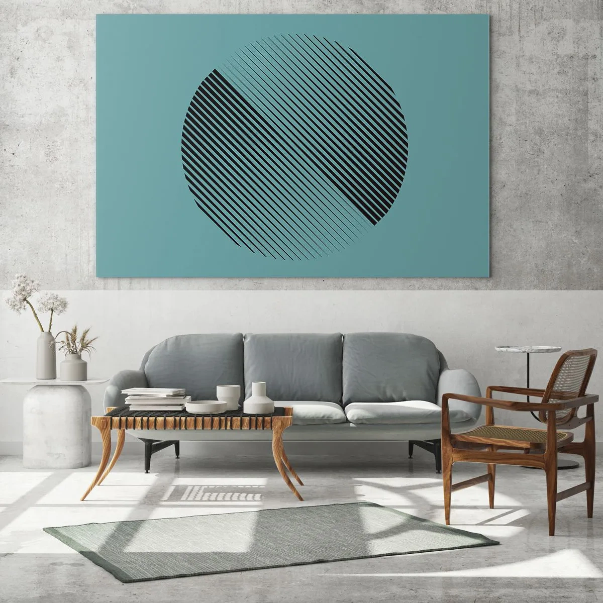 Obraz na skle - Černé čáry tvořící kruh na tyrkysovém pozadí - 70x50cm - Kruh – geometrická variace - Moderní nástěnná dekorace do obývacího pokoje a ložnice ARTTOR